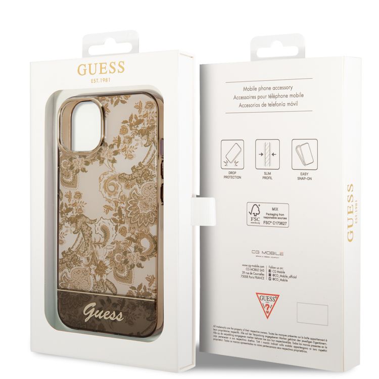 Guess PC/TPU IML Case With Double Layer Electroplated Camera Outline & Toile De Jouy - iPhone 14 - Ochre