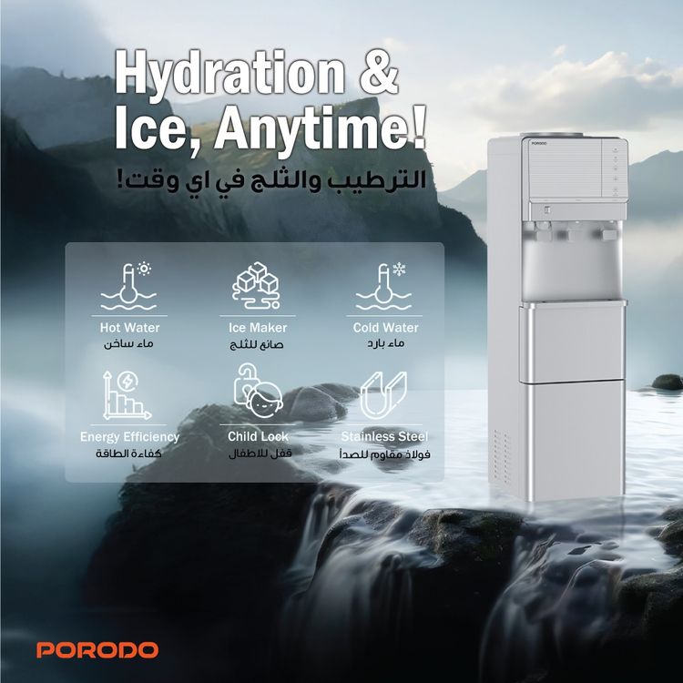 Porodo Lifestyle Water Dispenser & Ice Maker with 5°C - 10°C Cold Water Temperature, Child Safety Lock, Energy Efficient, Top Load Design, 9 Pieces of Ice per Cycle - Silver