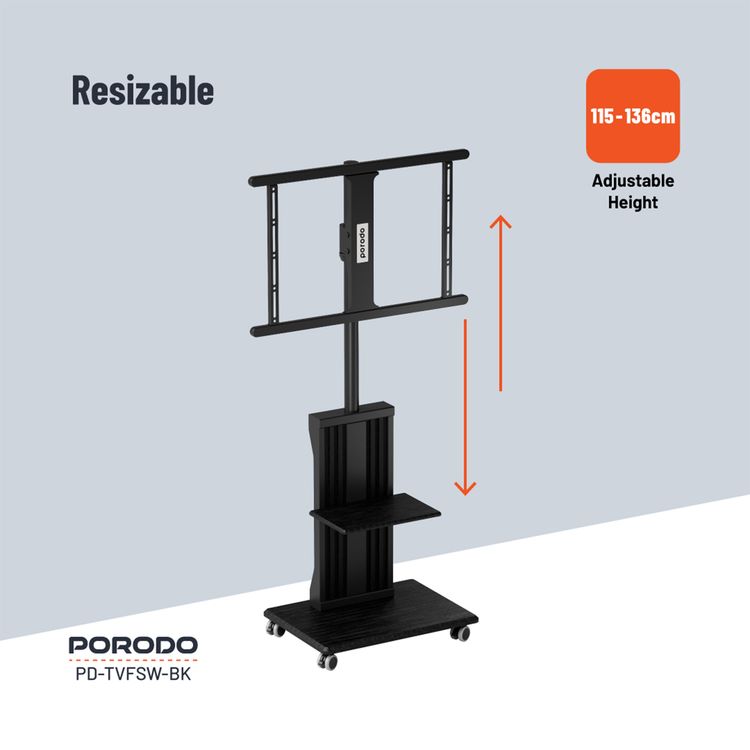 Porodo Mobile TV Stand with 35kg Maximum Weight Capacity, 32"-75" Screen Size Compatibility, Dynamic Swivel & Tilt, Up to 1.36m Height Adjustability - Black