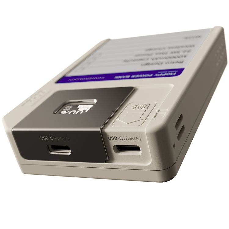 Powerology Floppydisk Retro 10000mAh MagSafe Powerbank with OLED Display Screen, Multi-Protocol Fast Charging, Universal Compatibility, 64GB Storage Capacity, High-Speed Data Storage, Fire-Resistant PC Material - White