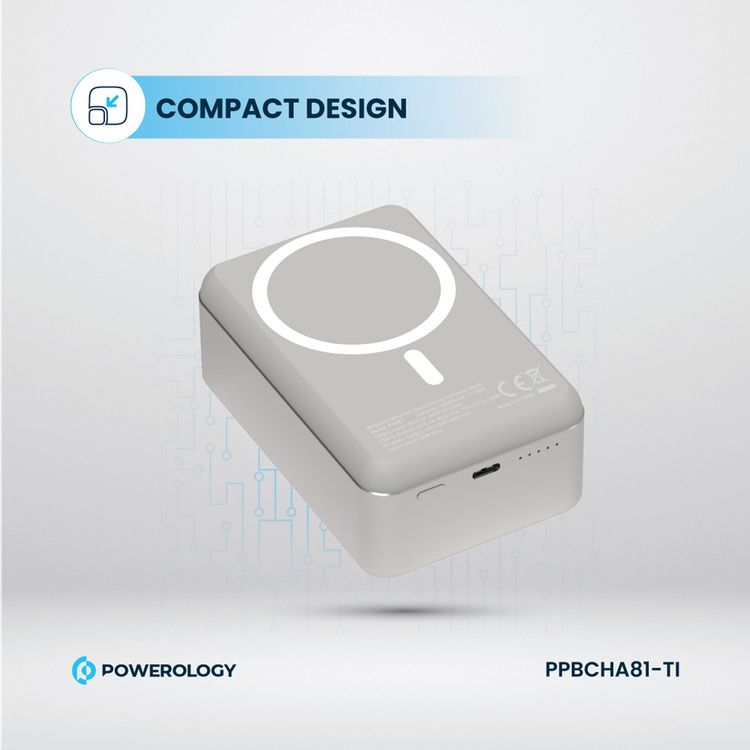 Powerology 30000mAh MagSafe Aluminum Power Bank with 20W Power Delivery, 15W Wireless Output, Li-Polymer Battery, Simultaneous Charging, Compact Design - Titanium