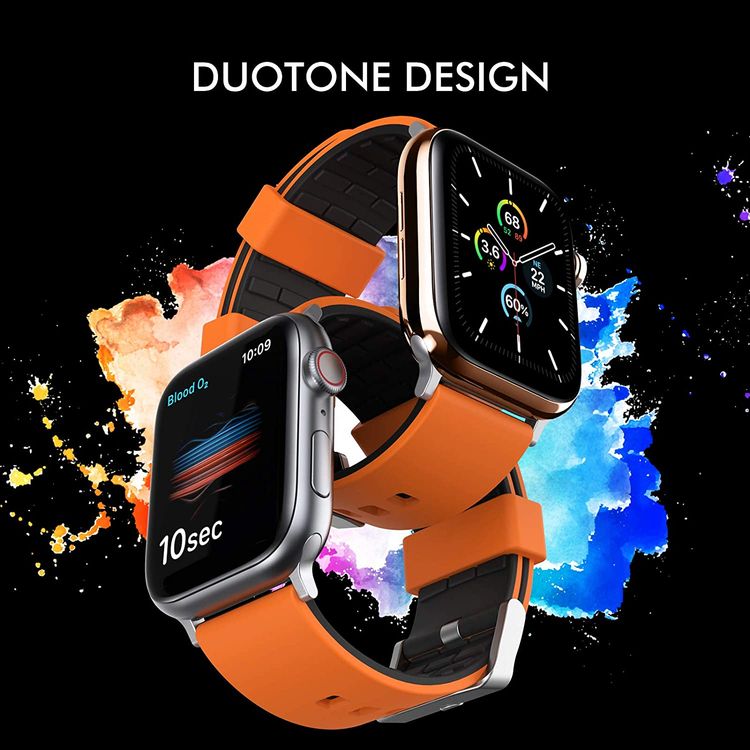 AhaStyle Premium Silicone Breathable Replacement Wrist Band Strap, Adjustable Watch Band Duotone Design Compatible for Apple Watch 42/44mm - Orange / Black