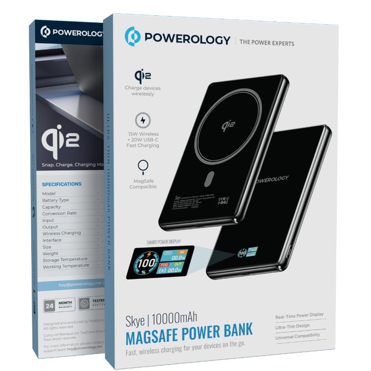 Powerology Skye 10000mAh MagSafe Power Bank with Smart Screen Display, 15W Wireless Charging, 20W Max Output Power, Qi2 Wireless Charging, Li-Polymer Battery, USB-C Input/Output Port, iPhone & Android Compatibility, Strong Magnetic Hold, Ultra-thin Design - Black