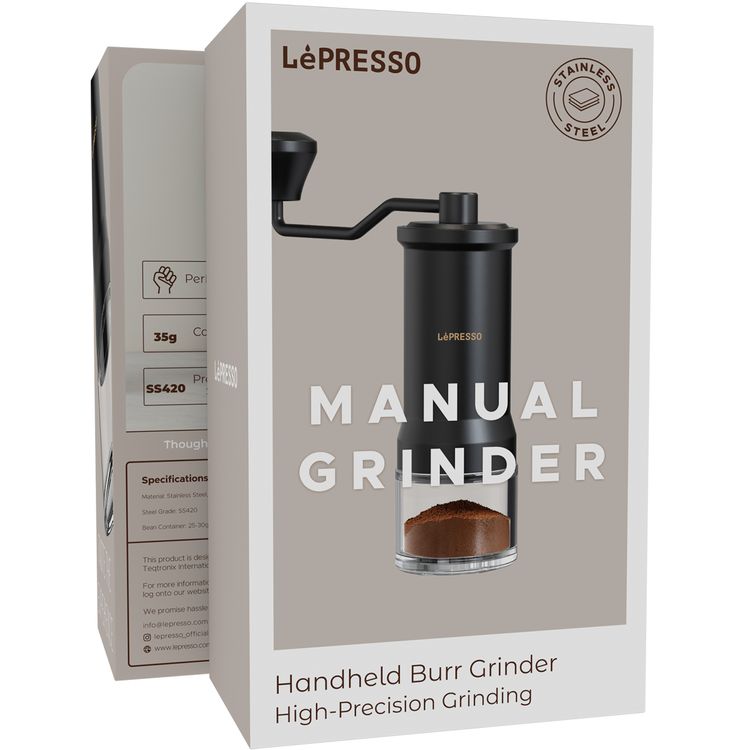 LePresso Handheld Burr Coffee Grinder with High-Precision Grinding, Stainless Steel & Glass & ABS Material, 30-35g Capacity, Cleaning Brush Included, Perfect Grip - Black
