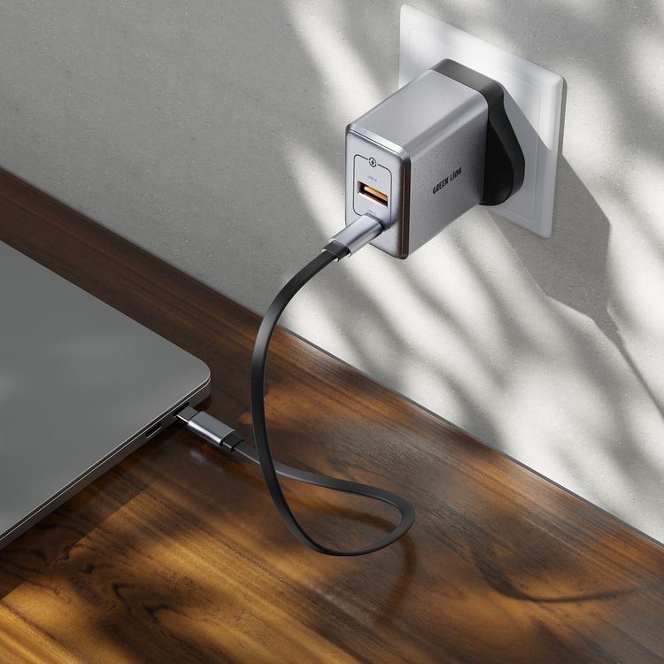 Green Lion GaNPremium UK Plug Wall Charger with 45W Power Delivery, 0%-50% Charge in 30 Minutes, PC Flame Retardant Material, USB-C & USB-A Ports - Gray