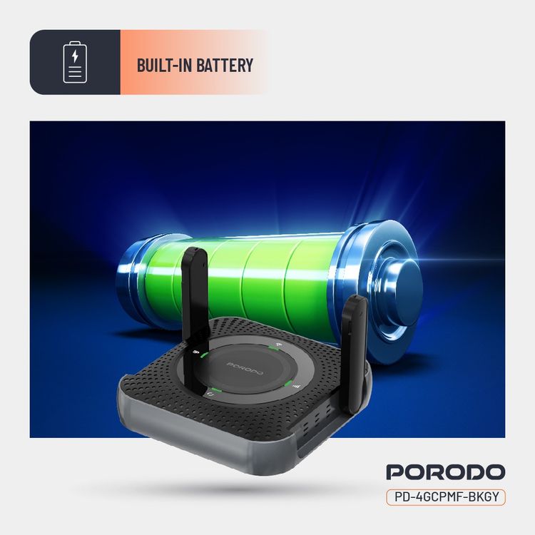 Porodo 4G & LTE Portable Router with 40m Signal Distance, 12 Hours Working Time, 10 Connected Devices, 100Mbps LAN, 4000mAh Battery Capacity, Micro SIM, CPE & MiFi, CAT4 Category, 150Mbps Download Rates, 50Mbps Upload Rates - Black / Gray