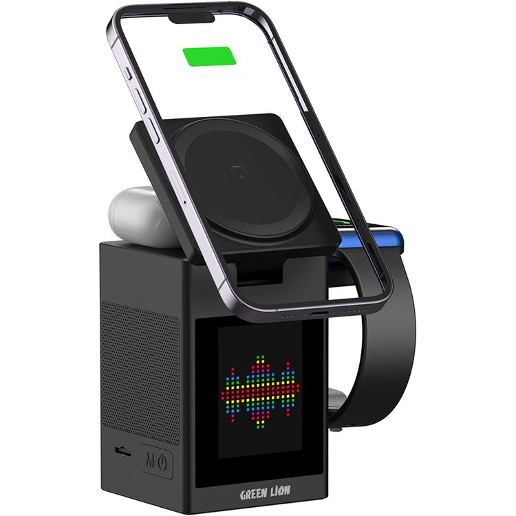 Green Lion Smart Station Pro with Wireless Charger, Speaker, Clock, Alarm, ABS + PC & Silicone Material, 8× N52 Magnets, 1000mAh Battery Capacity, Bluetooth Version 5.3, 10m Working Range, 2 Hours Charging Time, 2.5 Hours Working Time, Type-C Input Port, Smart Touch Display - Black