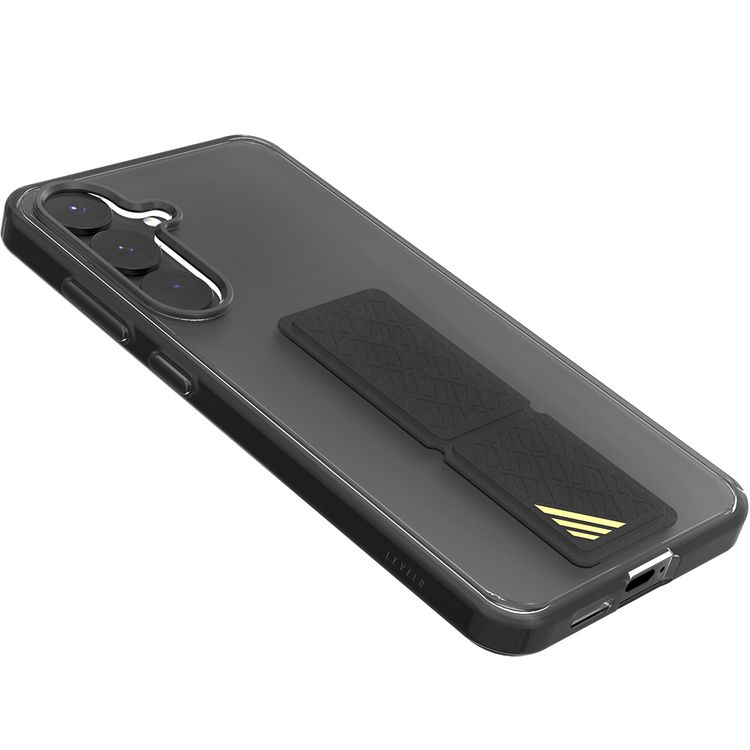 غطاء Levelo Morphix Clara مع مسكة جلد مدمجة لهاتف Samsung Galaxy S25 Plus، مصنوع من مادة TPU، زوايا مقاومة للصدمات، حلقة كاميرا معدنية، مادة هجينة - اللون الأسود.