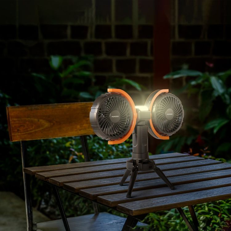 Porodo Lifestyle Dual-Head Oscillating Fan with LED Light, Power Bank, ABS & PP Material, 8000mAh Battery Capacity, Stable Tripod Base, Type-C Charging Port, 4 Levels Fan Speed, Hidden Hook - Black