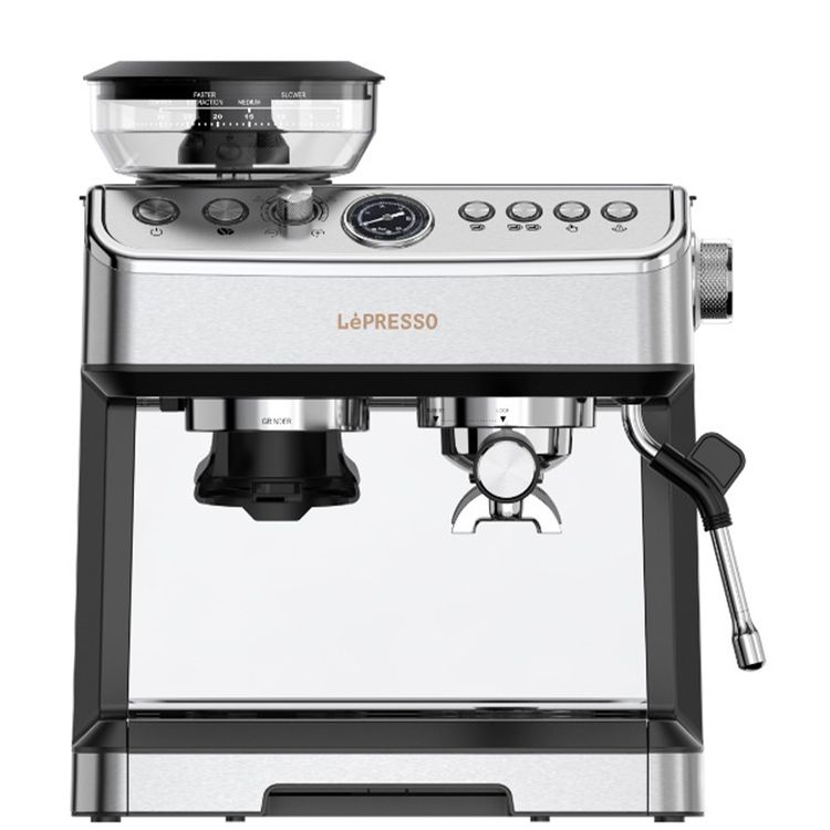 LePresso 20 Bar Espresso Coffee Maker with Bean Grinder, Cup Warmer, Milk Steamer, Multiple Brewing Options - Silver 