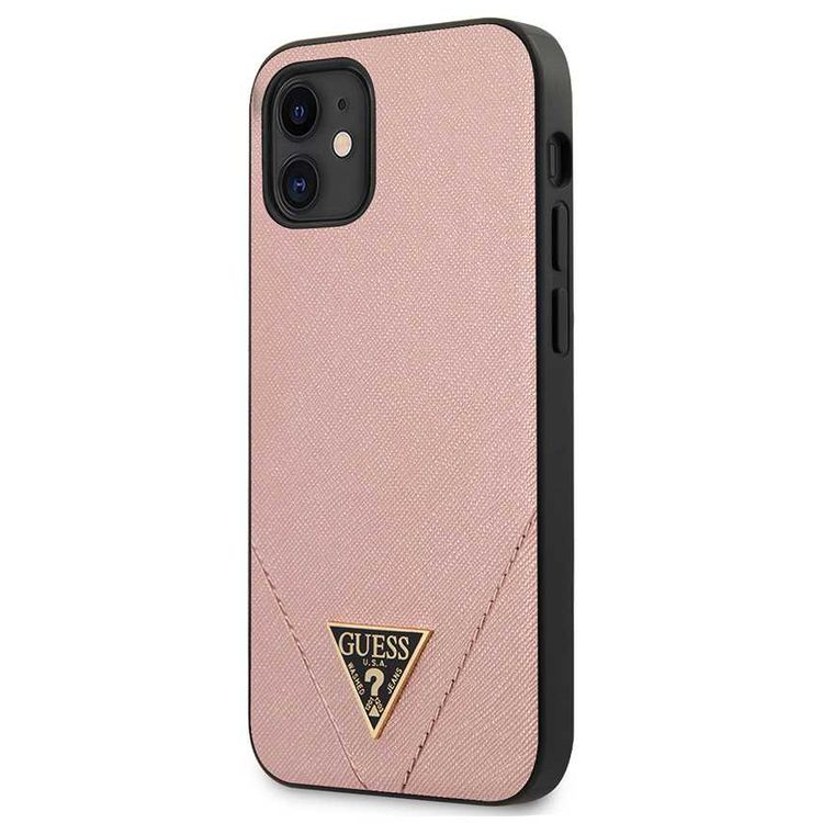 CG Mobile Guess PU Saffiano V Stitched w/ Metal Logo Case for iPhone 12 Mini (5.4") Officially Licensed, Shock Resistant, Scratches Resistant, Easy Access to All Ports, Cameras - Pink