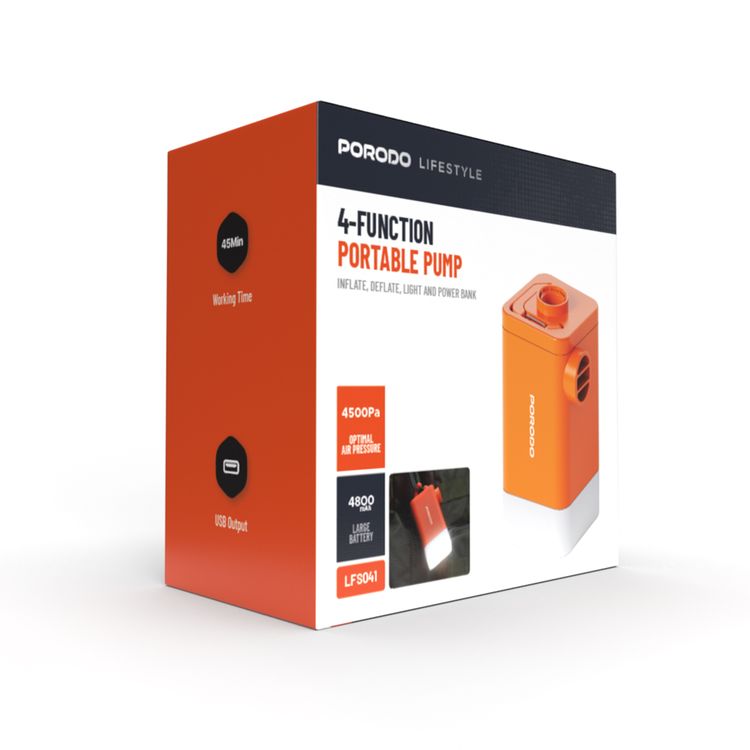 Porodo Lifestyle Camping Inflate and Deflate Air Pumb with LED, 4500Pa Air Pressure, 4800mAh Large Battery, 6 Hours Recharge Time, 30W Power, 45-90 Minutes Working Time