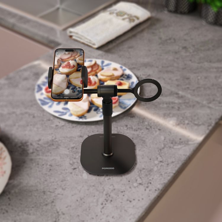 Porodo Evostand 360° Dual Rotating Phone Holder with Anti-Slip Base, Strong N52 Magnets, Multiple Angles Adjustment, One-Handed Operation, 2.5" to 4.1" Device Compatibility, Metal + Aluminum Alloy+ Plastic Material- Black