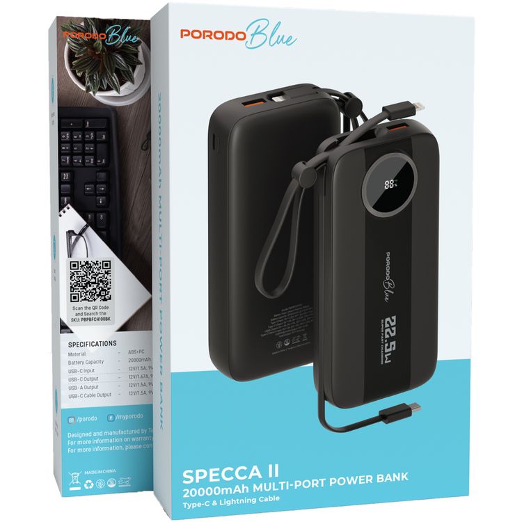 Porodo Blue Specca II 20000mAh Multi-Port Power Bank with Type-C & Lightning Cable, Smart Display, Simultaneous Charging, ABS+PC Material - Black