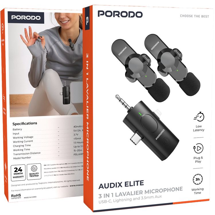 Porodo Lifestyle Audix Elite 3-in-1 Lavalier Microphone Set with USB-C, Lightning & 3.5mm AUX Connectors, Up to 3 Hours Working Time, Crystal Clear Audio, 100mAh Reciever & 40mAh Microphone Battery, Low Latency, Auto Pairing Technology, Instant Wireless Setup - Black