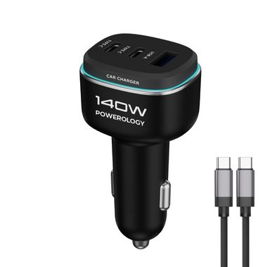 Powerology 140W Triple-Port High-Power Car Charger with USB-C to USB-C Cable, 140W Total Output, LED Ambient Light, Fast Charge, USB-A & Dual USB-C Ports, Zinc Alloy with Oil Painting Finish Material - Black / Gray