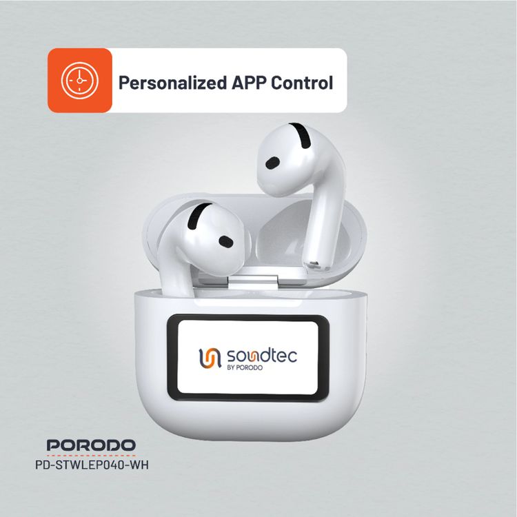 Porodo Soundtec Glimpse ANC Earbuds with Touch Display & Touch Control, 4 Hours of Play Time, Personalized App Control, High-Fidelity Audio, 300mAh Battery Capacity, 10m Transmission Range - White