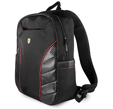 CG Mobile Ferrari Scuderia New Simple Version Nylon & PC Carbon Backpack Compatible for 15" inch iPad, Tablets, Laptop, Adjustable Padded Shoulder Straps Officially Licensed - Black