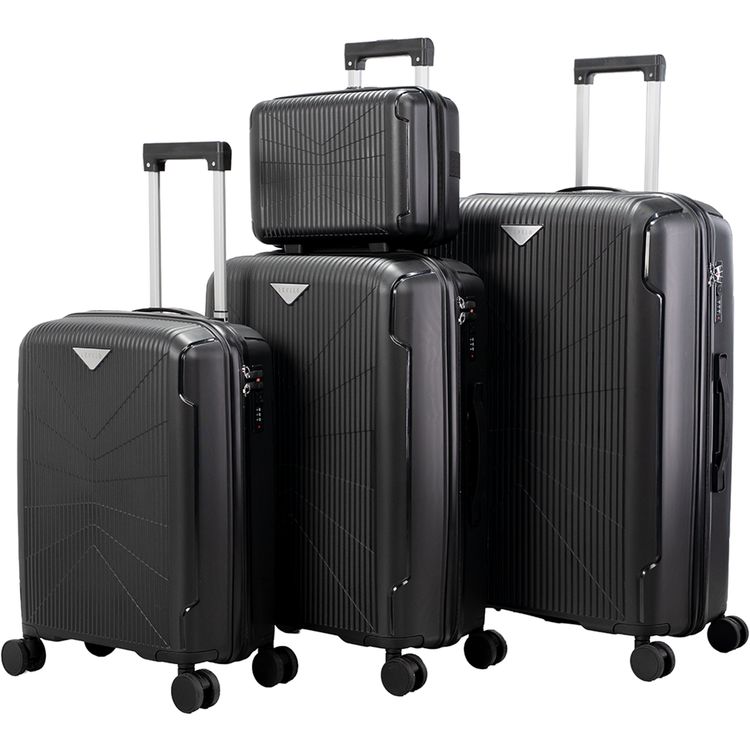 Levelo RoamQuattuor Travel Luggage Set in 4 Sizes 14"/20"/24"/28", 100kg Maximum Weight-Bearing, Shock Resistance, 8 Wheels Trolley, PP & Unbreakable Material, 360° Wheel Rotation, 210D Lining, Mesh Pocket, Water Resistant Design, Anti-Theft  Design - Black