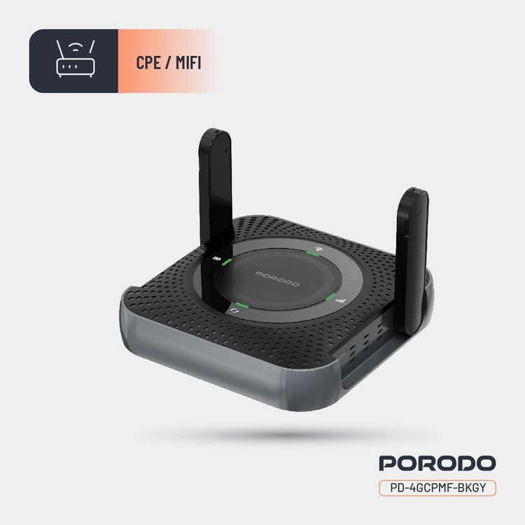Porodo 4G & LTE Portable Router with 40m Signal Distance, 12 Hours Working Time, 10 Connected Devices, 100Mbps LAN, 4000mAh Battery Capacity, Micro SIM, CPE & MiFi, CAT4 Category, 150Mbps Download Rates, 50Mbps Upload Rates - Black / Gray