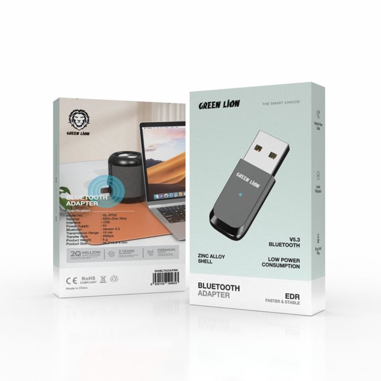 محول بلوتوث Green Lion بقشرة سبائك الزنك، موصل USB_A، إصدار بلوتوث 5.3، مدى نقل 10 متر، قابل للتوصيل والتشغيل - أسود