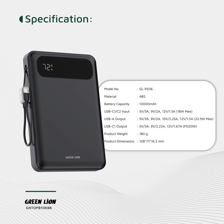 Green Lion Toledo 10000mAh Power Bank with 20W PD Fast Charging, USB-C to USB-C Cable Strap, USB-A & USB-C Outputs, Flight Approved, Digital Display, Fast Charging - Black