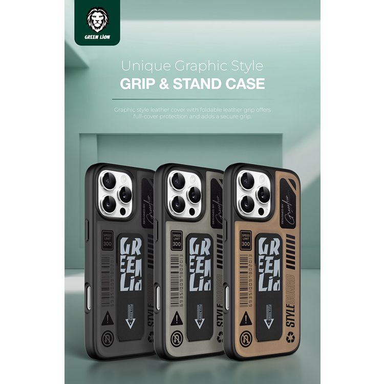 Green Lion Grip Pro MagSafe Case for iPhone 16 Pro Max, Foldable Leather Grip, 3800gs Force, Drop Protection & Shock Absorption, Anti Scratch - Titanium