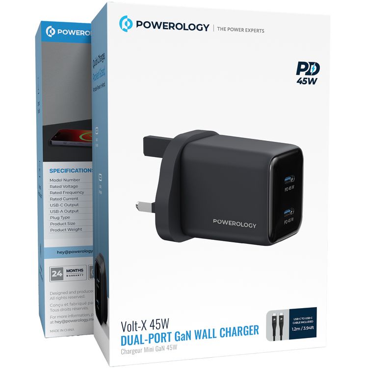 Powerology Volt-X 45W Dual USB-C Port GaN Wall Charger with Fast Charging Speed, USB-C Output Ports, USB-C to USB-C Cable Included, Wide Compatibility, Compact Travel Size, Universal Protocol Support - Black