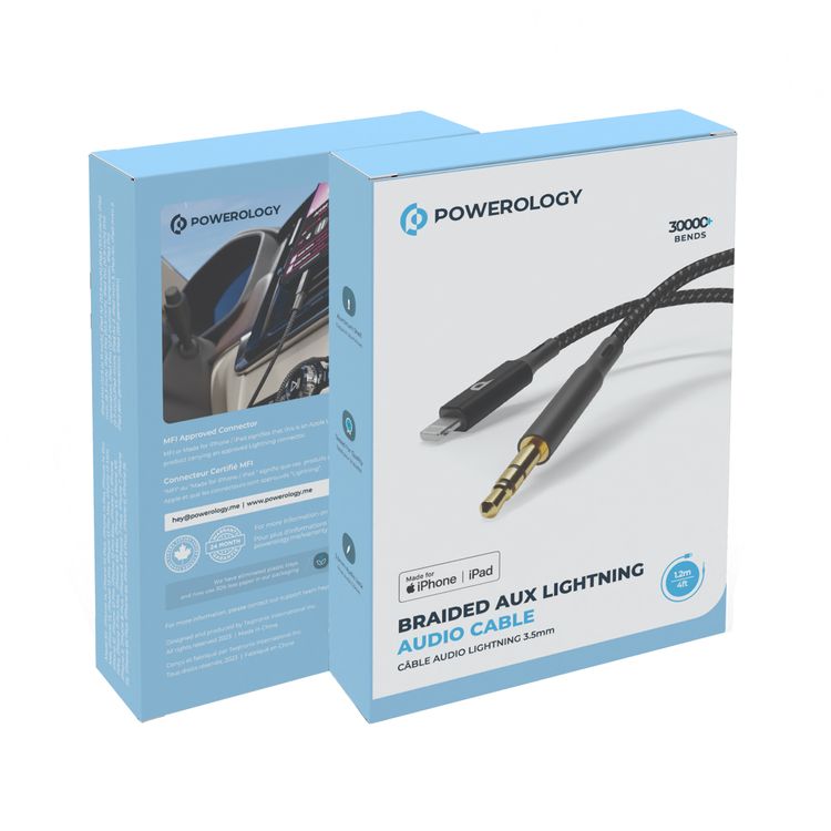 Powerology AUX to Lightning Audio Cable for iPhone & iPad, Aluminum Shell Material, Best Quality Braided Cable, 1.2m Cable Length - Black