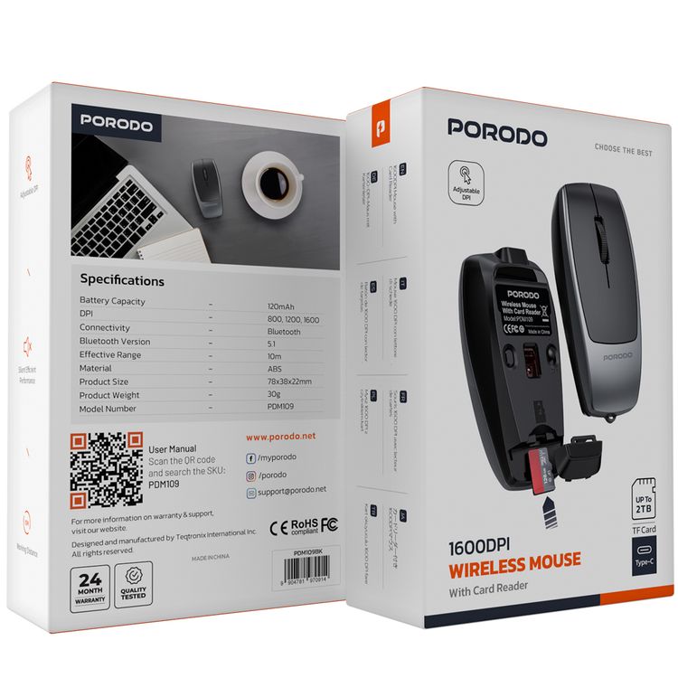 Porodo 1600DPI Wireless Mouse with Card Reader, 120mAh Battery, ABS Material, Bluetooth Version 5.1, 10m Working Distance, Silent Efficient Performance, Plug & Play - Black