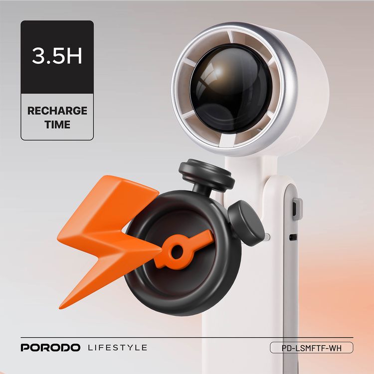 Porodo LifeStyle 3in1 Multi Functional 180° Foldable Handheld Turbo Fan, 3600mAh, 10 Hours Working Time, Type-C Charging Port,  Digital Display, 3.5 Hours Recharging Time - White