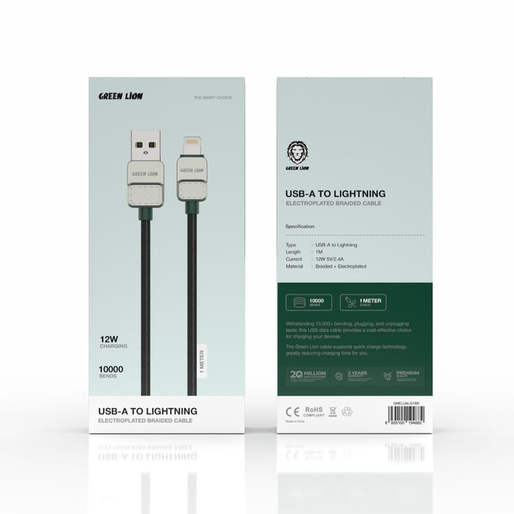 Green Lion USB-A to Lightning Electroplated Cable with 12W Current, 1m Cable Length, Braided Outer Material, 480Mbps Transfer Speed, 10,000 Bends Lifespan - Black / Green