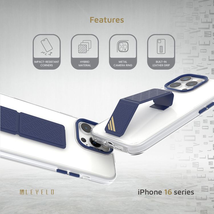 Levelo Morphix Clara Case for iPhone 16 Pro Max, Hybrid Material, Impact-Resistant Corners, Built-in Leather Grip, Metal Camera Ring - Blue