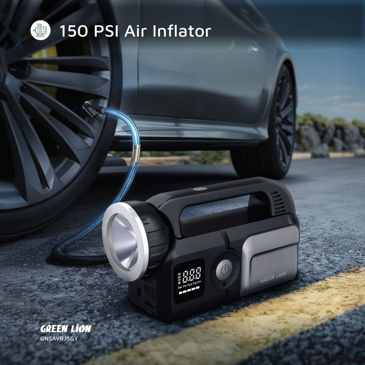 منقذ الأسد الأخضر مشغل بدء التشغيل 12V بسعة بطارية 24000 مللي أمبير، مصباح يد بقدرة 10 واط و2000 لومن، منفذي USB-A، منفذ Type-C، حماية متعددة، سيارات البنزين ذات المحرك 12V/8L - رمادي