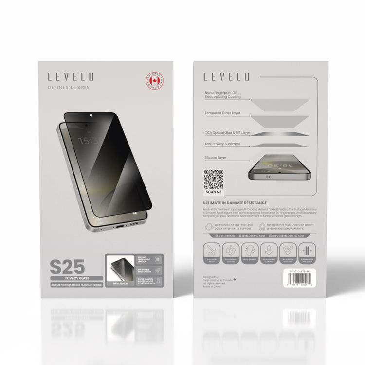 Levelo 2.5D Silk Print HD Privacy Glass for Samsung Galaxy S25, High Silicone Aluminum, 0.25mm Ultra Thin, Scratch-Resistant, Oleophobic & Hydrophobic Coating, Instant Fingerprint Unlock, Air Bubble Prevention, Explosion- Proof, Auto-Exhaust - Black