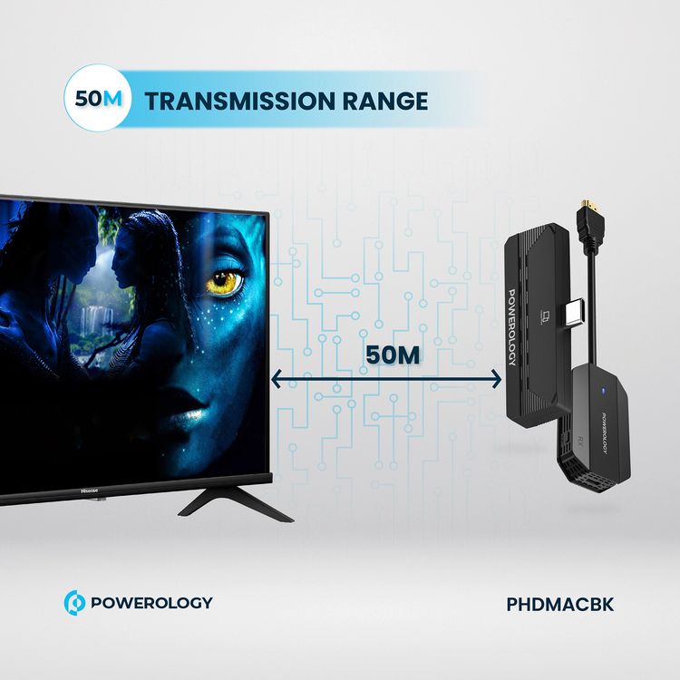 Powerology Wireless HDMI Type-C Adapter for Audio & Video with 50m Transmission Range, 1080P Resolution, Low Latency, Plug and Play - Black