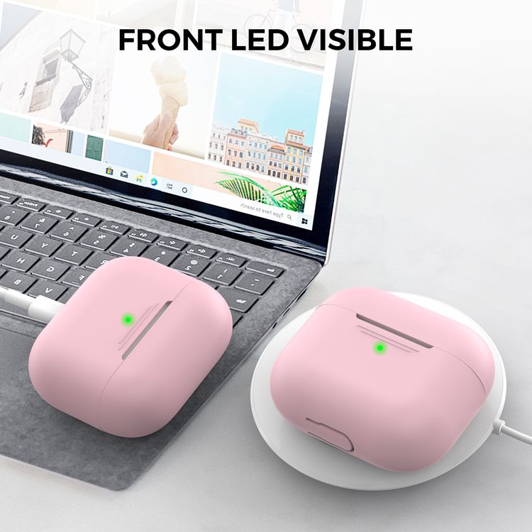 AhaStyle PT176-PK Full Cover Silicone Case for Airpods 3 Drop Shock Protection, Front LED Visible Cover with Carabiner Suitable with Wireless Chargers - Pink