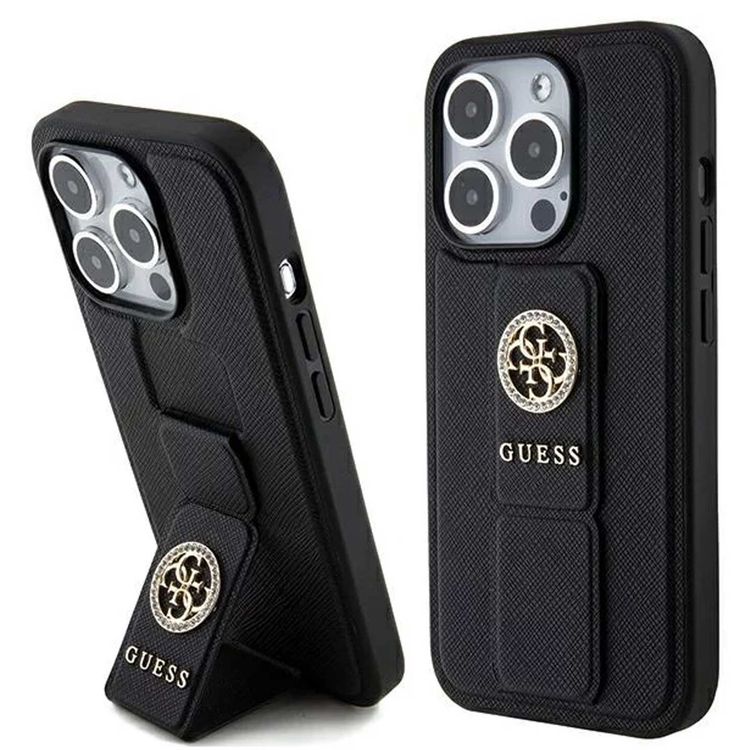 Guess Gripstand Saffiano Case with 4G Strass Metal Logo - Black - iPhone 15 Pro Max