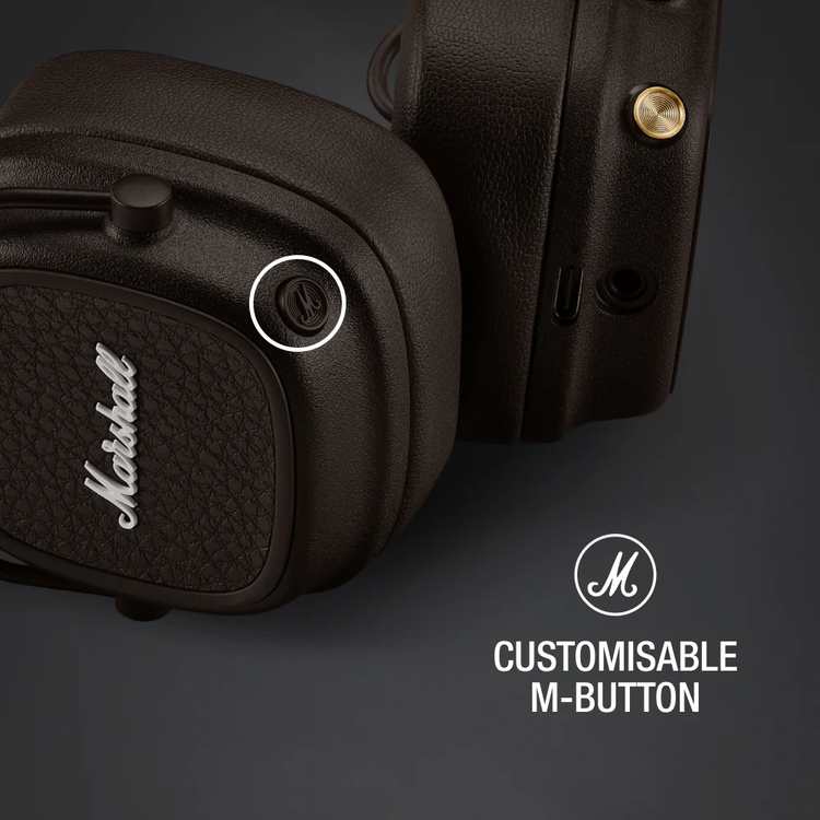 Marshall Major V Wireless On-Ear Headphones with Rugged & Foldable Design, Wireless Charging, 3 Hours Charging Time, Customizable M-Button, Bluetooth Version 5.3, Up to 100 Hours Play Time - Brown