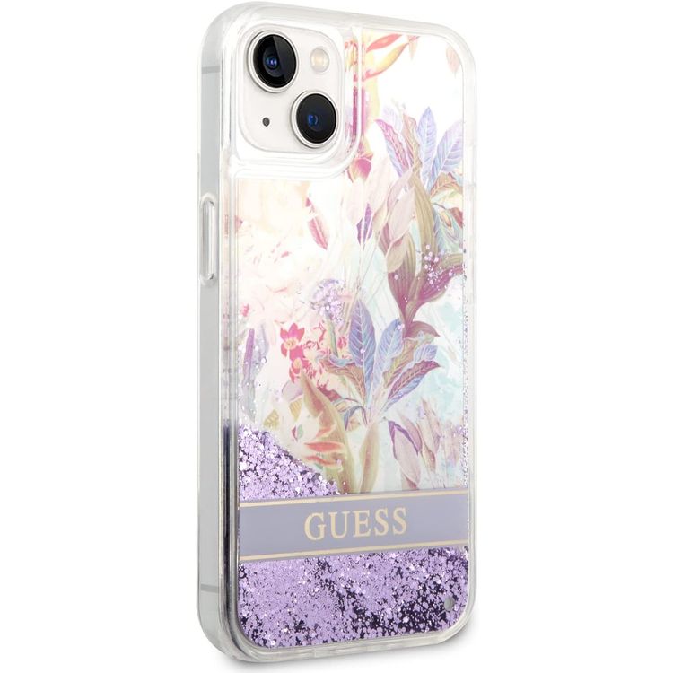 Guess Liquid Glitter Case with Flower Pattern Extra Shine Smooth Touch Feel iPhone 14 Plus Compatibility - Purple