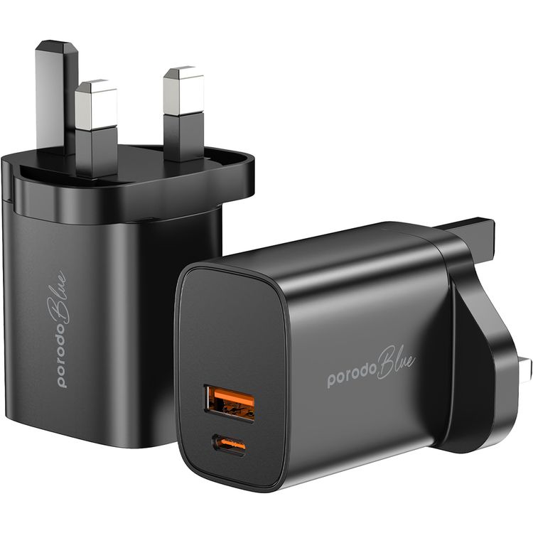 Porodo Blue Dual Port Wall Charger with 20W Power Delivery, Simultaneous Charging, 18W USB-A Output, UK 3-Pin Plug, Fireproof Material, Fast charging - Black