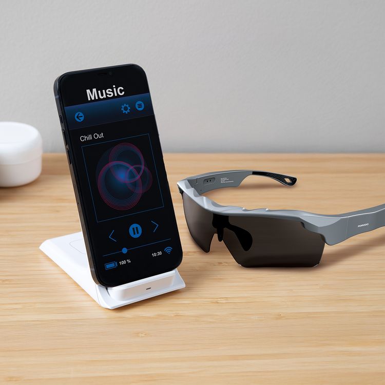 Porodo Lifestyle Dynamiq Smart Sunglasses with Built-in Microphone, 8 Hours Playtime, Magnetic Charging Interface, UV400 Protection, Bluetooth Version 5.4, 10-15m Transmission Range, 145mAh Battery Capacity, IPX4 Water Resistance Level, Voice Control, Dual Stereo Speakers - Gray / Black
