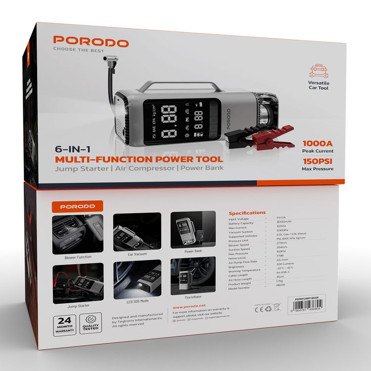 Porodo 6-in-1 Multifunction Power Tool with 8000mAh Power Bank, 1000A Jump Starter, 273m/s Blower, 5000Pa Car Vacuum, 200 Lumens LED Lights with SOS Mode, 22L/min Tire Inflator, 284m/s Suction Speed, 5000Pa Max Pressure, 1m USB-C Cable, 35cm Air Hose Length - Black / Gray