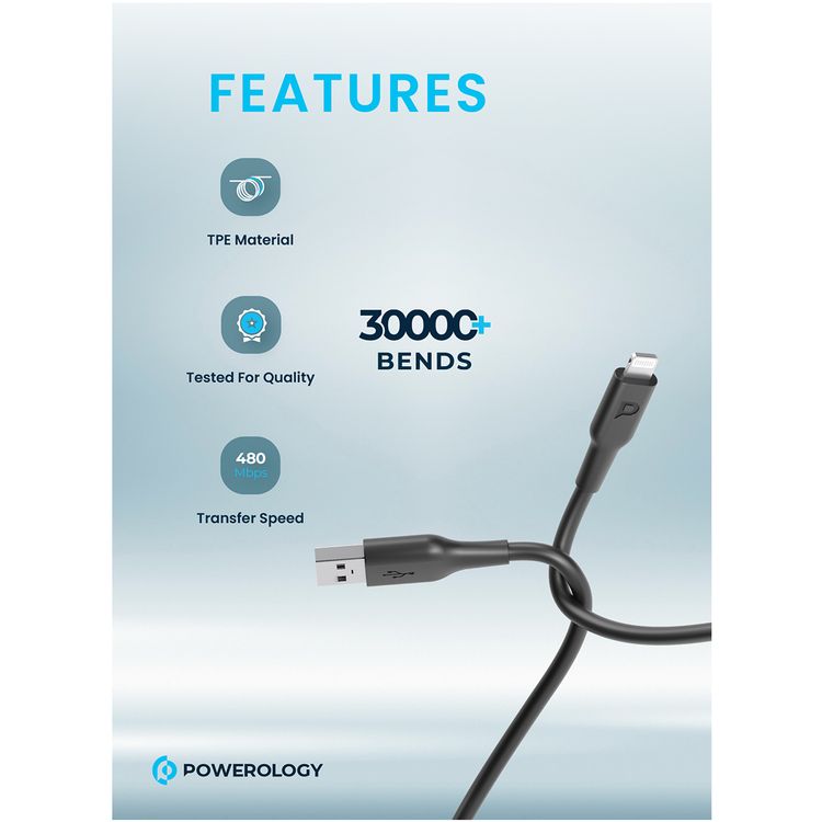 Powerology USB-A to Lightning Data Sync & Charge 1.2m - Black