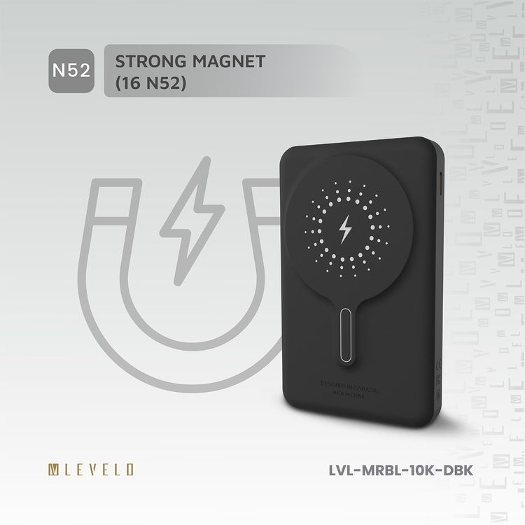 Levelo Marabella MagSafe Leather 10000mAh Power Bank with OLED Battery Status Display, N52 Magnets, 15W Wireless Charging, 20W Power Delivery, Overcurrent Protection - Dusk Black