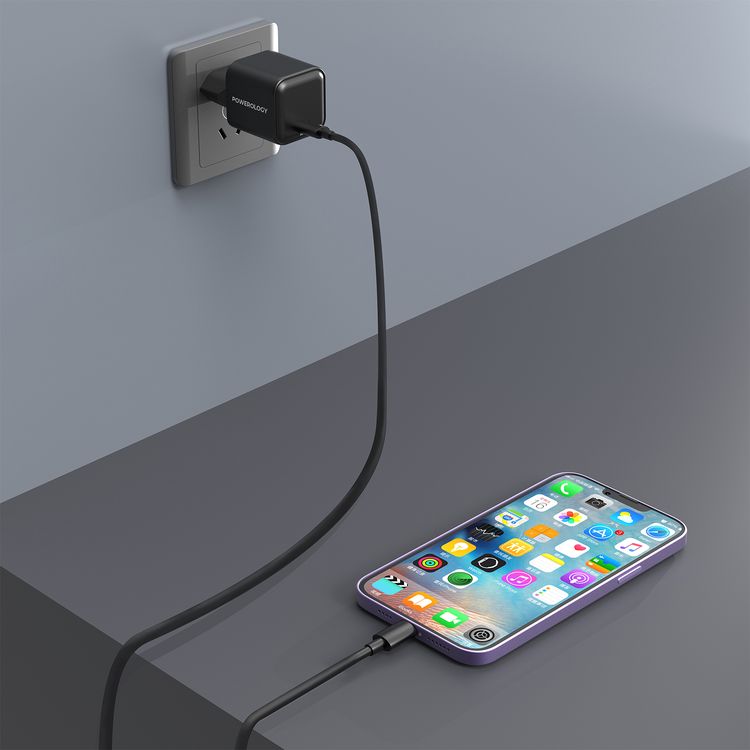 شاحن Powerology 35W Ultra-Quick GaN مع قابس الاتحاد الأوروبي، منفذ إخراج USB-C، شحن سريع، تصميم محمول ومضغوط، حماية مدمجة، مدخل 100-240 فولت - أسود