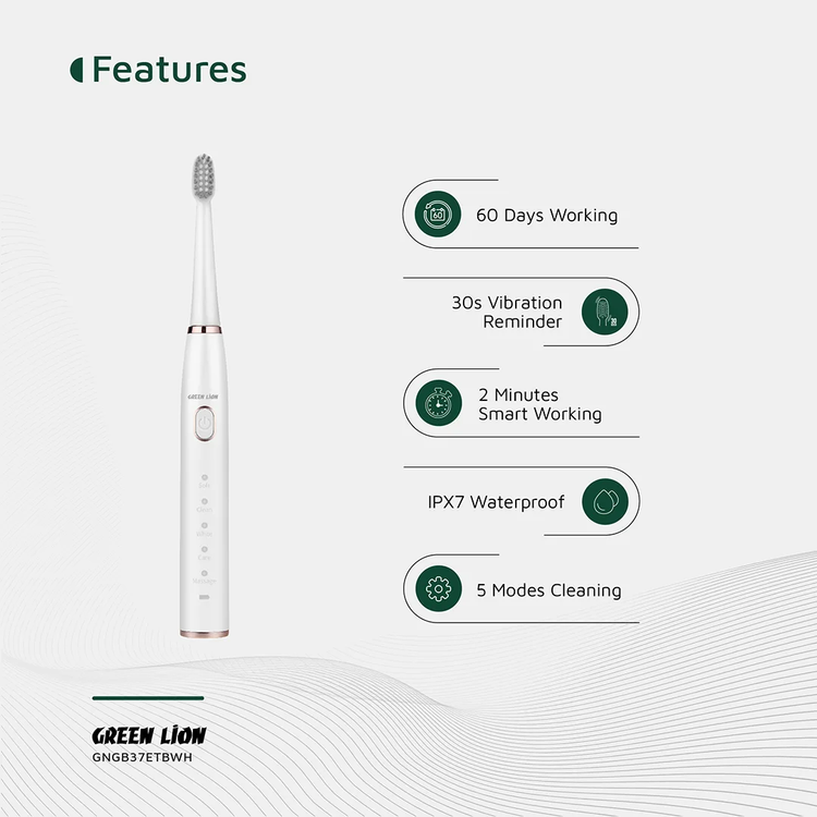 Green Lion GB-37 Electric Toothbrush with 5 Cleaning Modes, 60 Days Working Time, Waterproof, Ergonomic Design, 500mAh Battery Capacity, LED Indicator - White