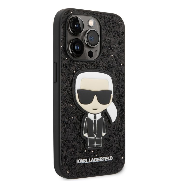 Karl Lagerfeld Glitter Flakes Case with Ikonik Patch Shockproof iPhone 14 Pro Compatibility - Black