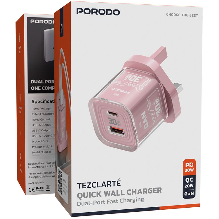 Porodo TEZCLARTÉ Quick Wall Charger with Dual Port Fast Charging, Flame Retardant Housing, Transparent Design, PD 30W USB-C Output, QC 20W USB-A Output - Pink