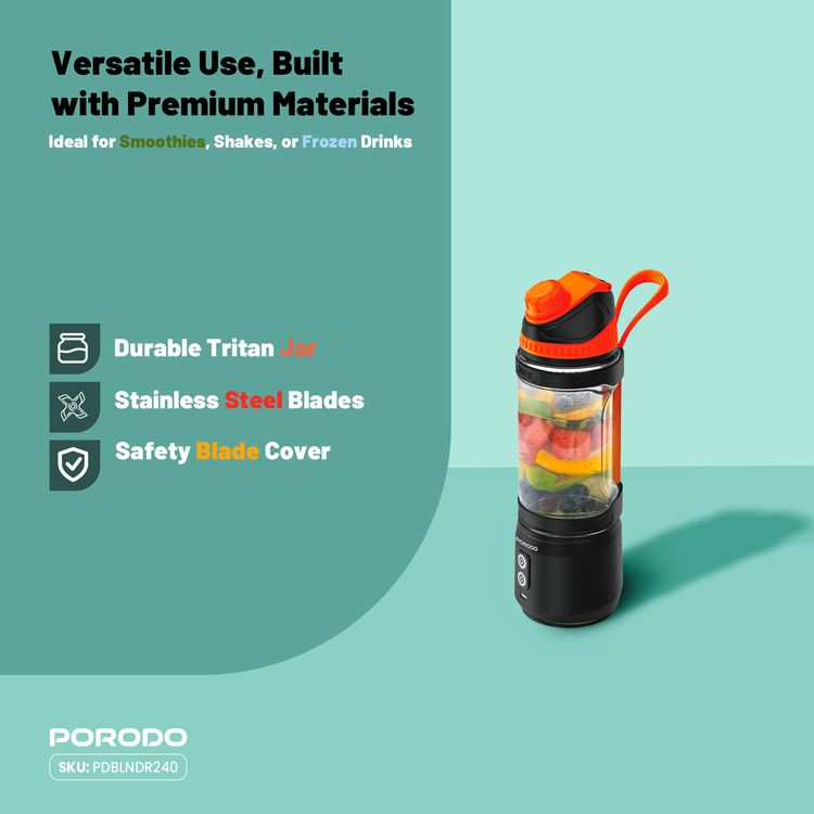 Porodo Lifestyle Nutrimix Dual-Spin Blender with 700mL Jar Capacity, Tritan Jar Material, 304 Stainless Steel Blade Material, 3× 2000mAh Battery Capacity, 3 Hours Charging Time, 30 Seconds Per Cycle Single Working Time, Safety Blade Cover - White